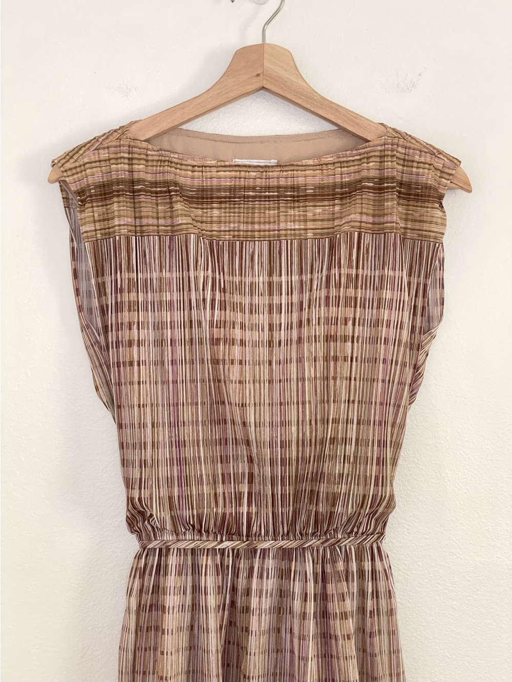 Vintage 70s Sue Brett Neutral Stripe Midi Dress Bateau Neck Cap Sleeve 7/8 Small - Picture 5 of 15